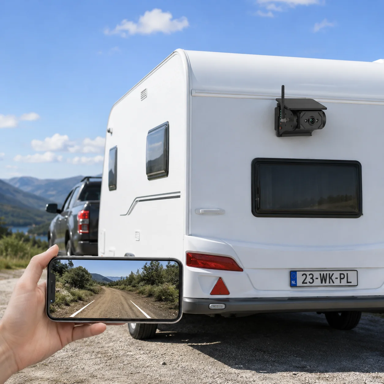 Illustratie van draadloos camerabeeld op een smartphone bij een voertuig