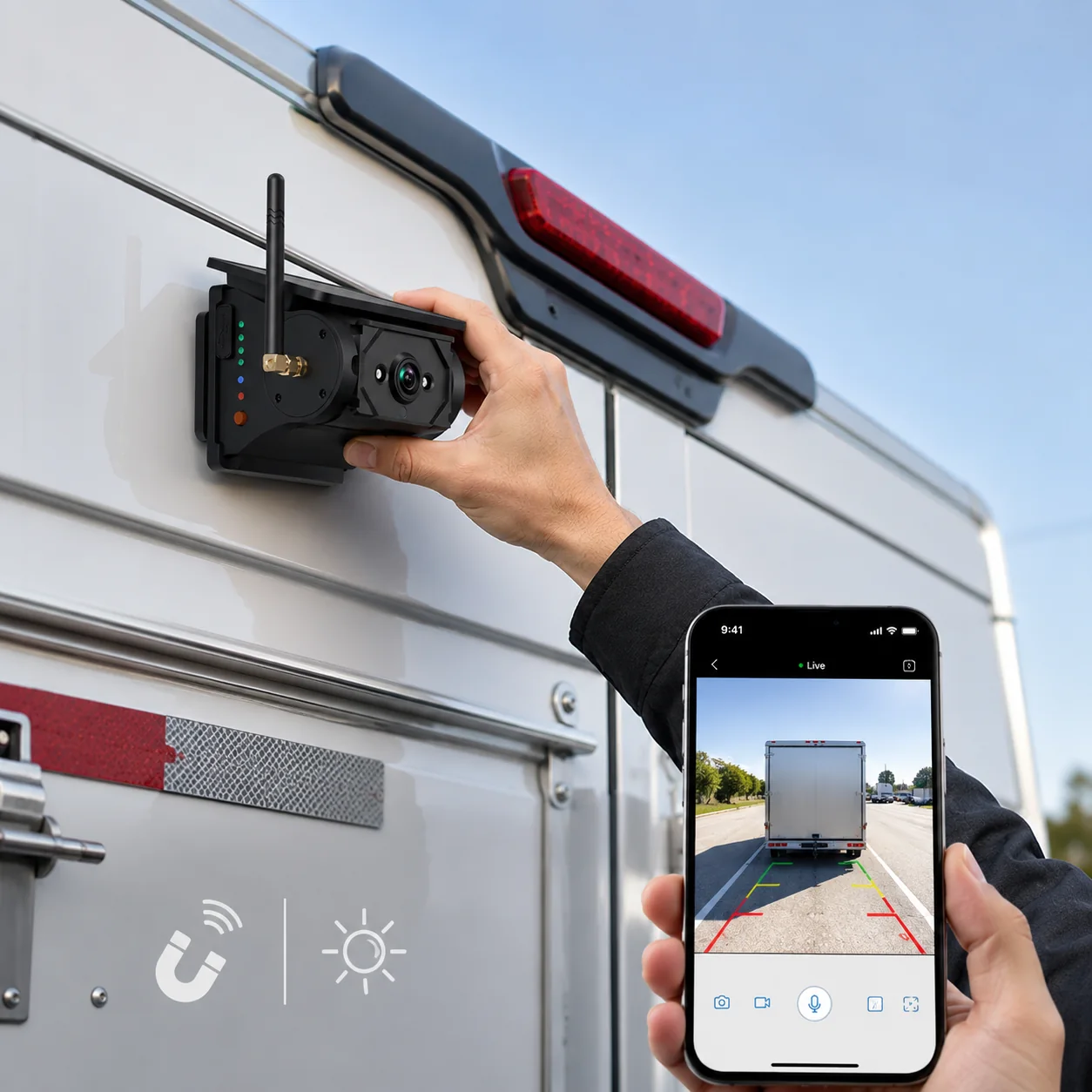 Zakelijke toepassingsillustratie van een magnetische camera op een bedrijfsvoertuig