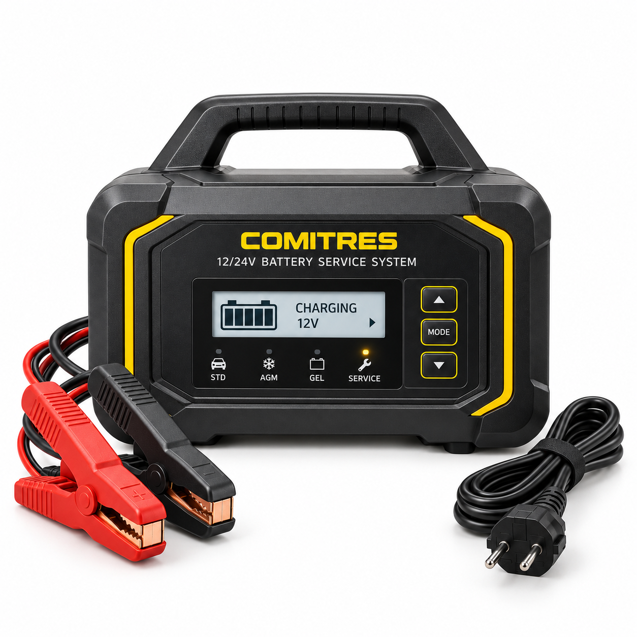 Vooraanzicht van het Comitres 12/24V accuservice-systeem met display en accuklemmen