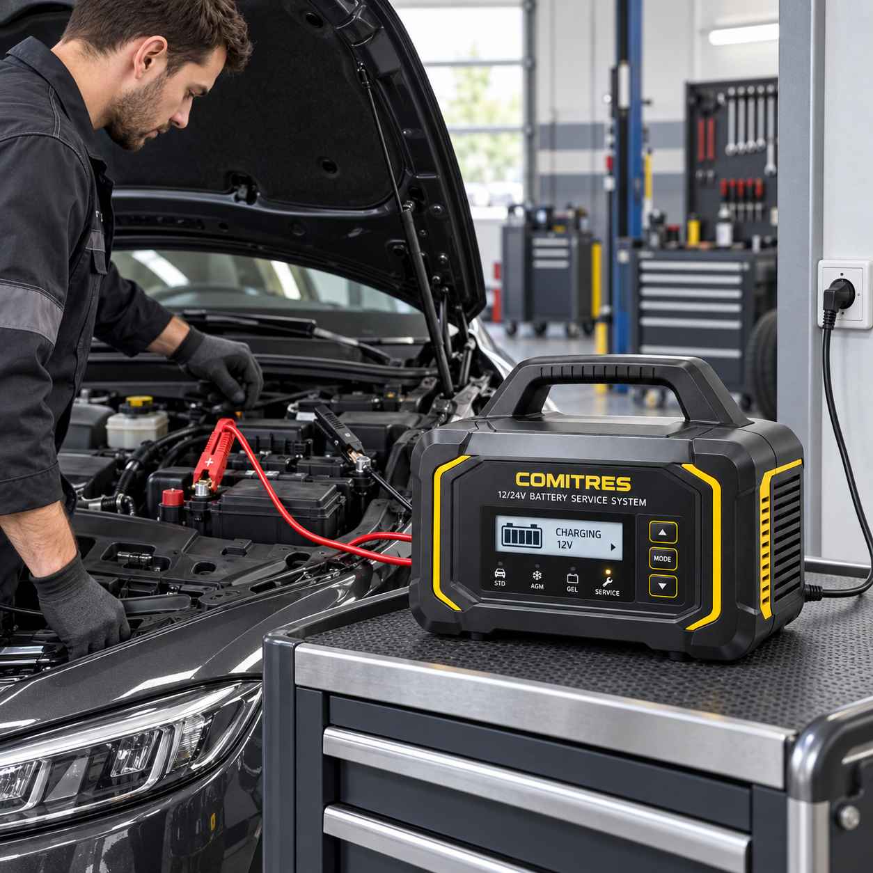 Comitres 12V acculader aangesloten op een autoaccu in een professionele werkplaats