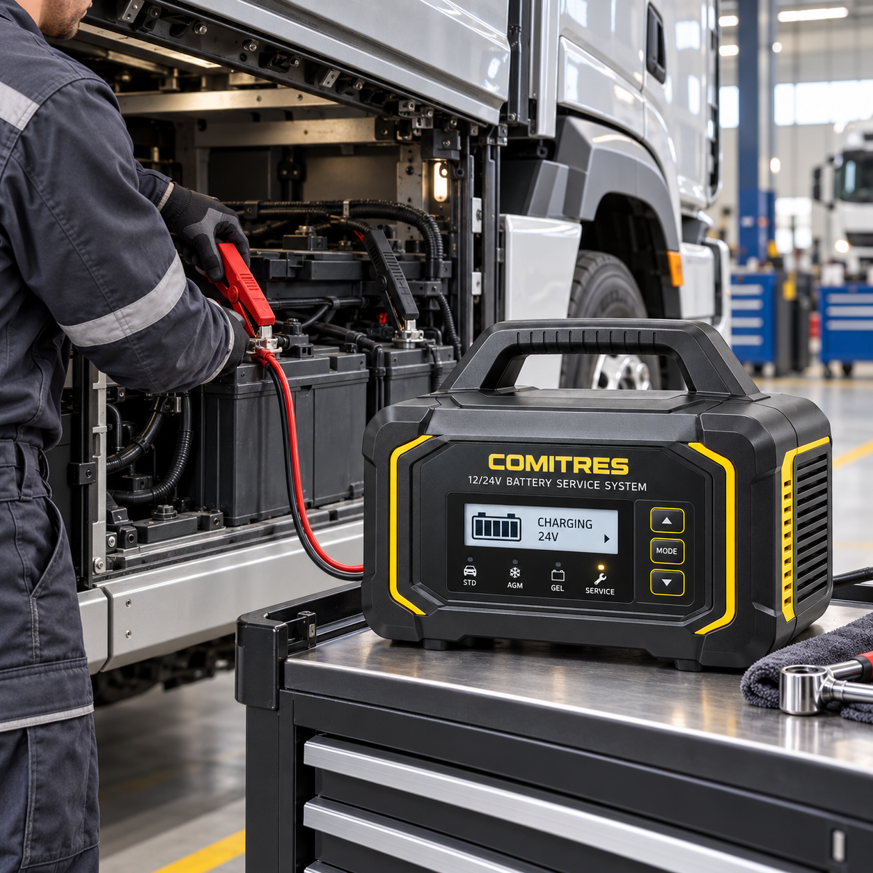 Comitres 24V Battery Service System aangesloten op de accubank van een vrachtwagen