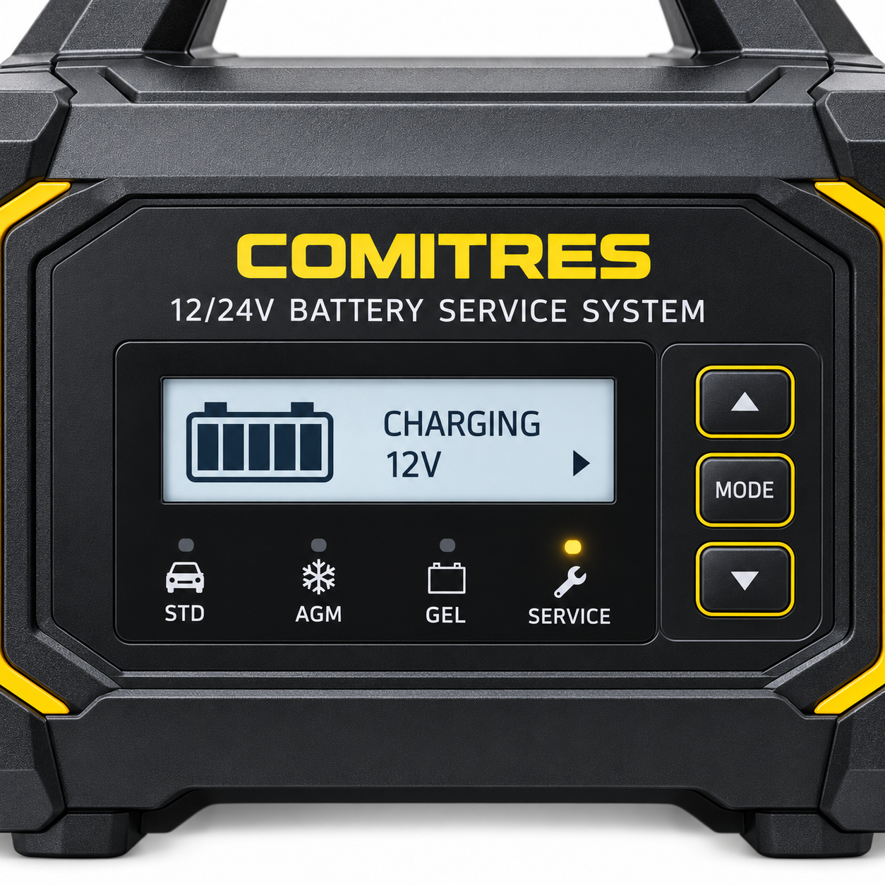 Bedieningspaneel en display van het Comitres 12/24V Battery Service System