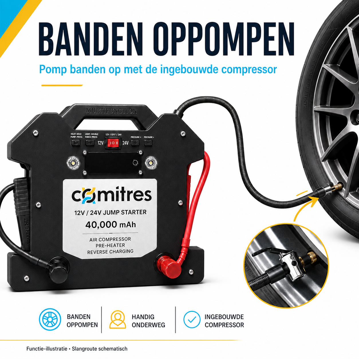 Banden oppompen met de Comitres-booster: luchtslang aangesloten op een bandventiel
