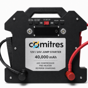 Zwarte Comitres 12/24V-booster met Air Compressor, Pre-Heater en Reverse Charging – ontwerpvisualisatie