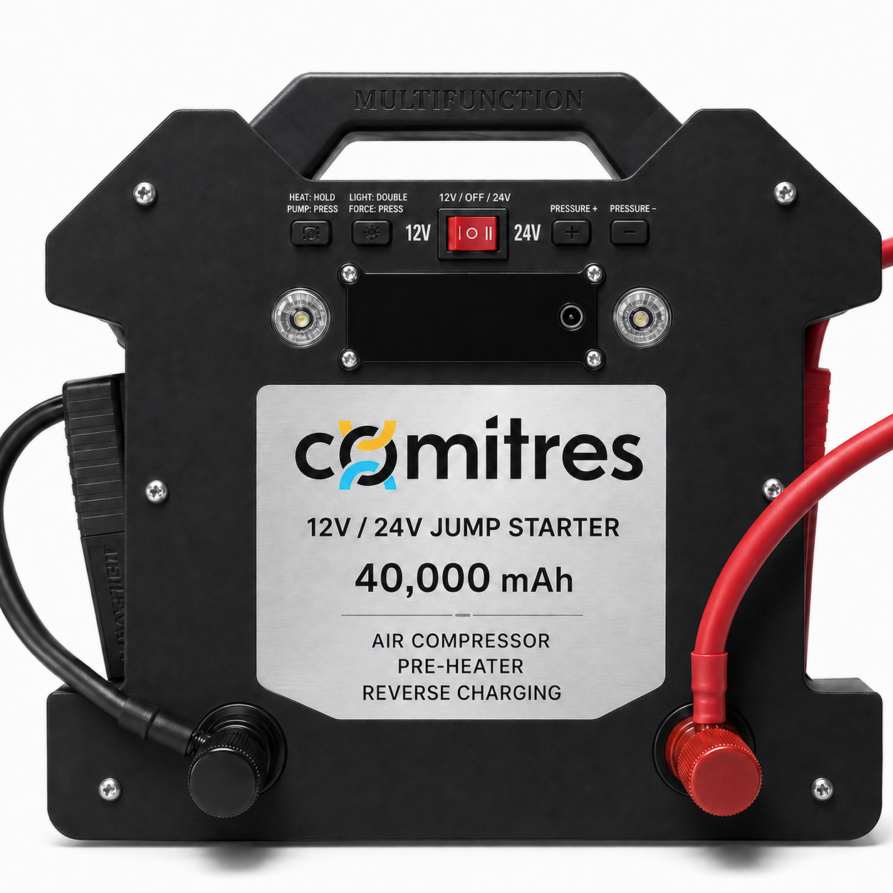 Zwarte Comitres 12/24V-booster met Air Compressor, Pre-Heater en Reverse Charging – ontwerpvisualisatie