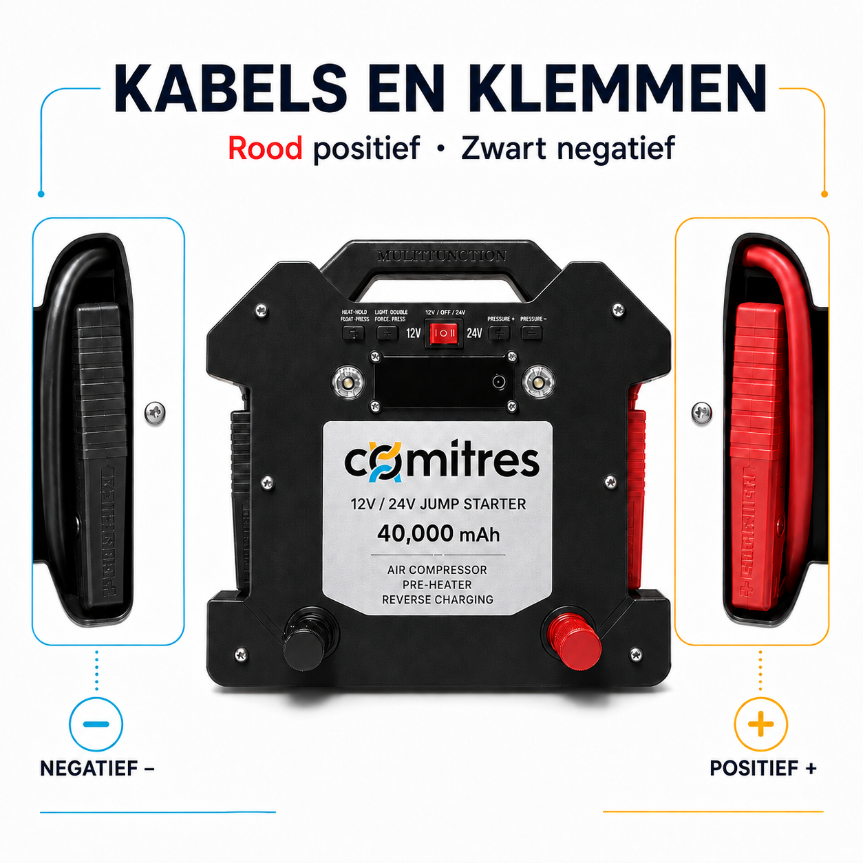 Rode plusklem en zwarte minklem aan de zijkanten van de Comitres-booster