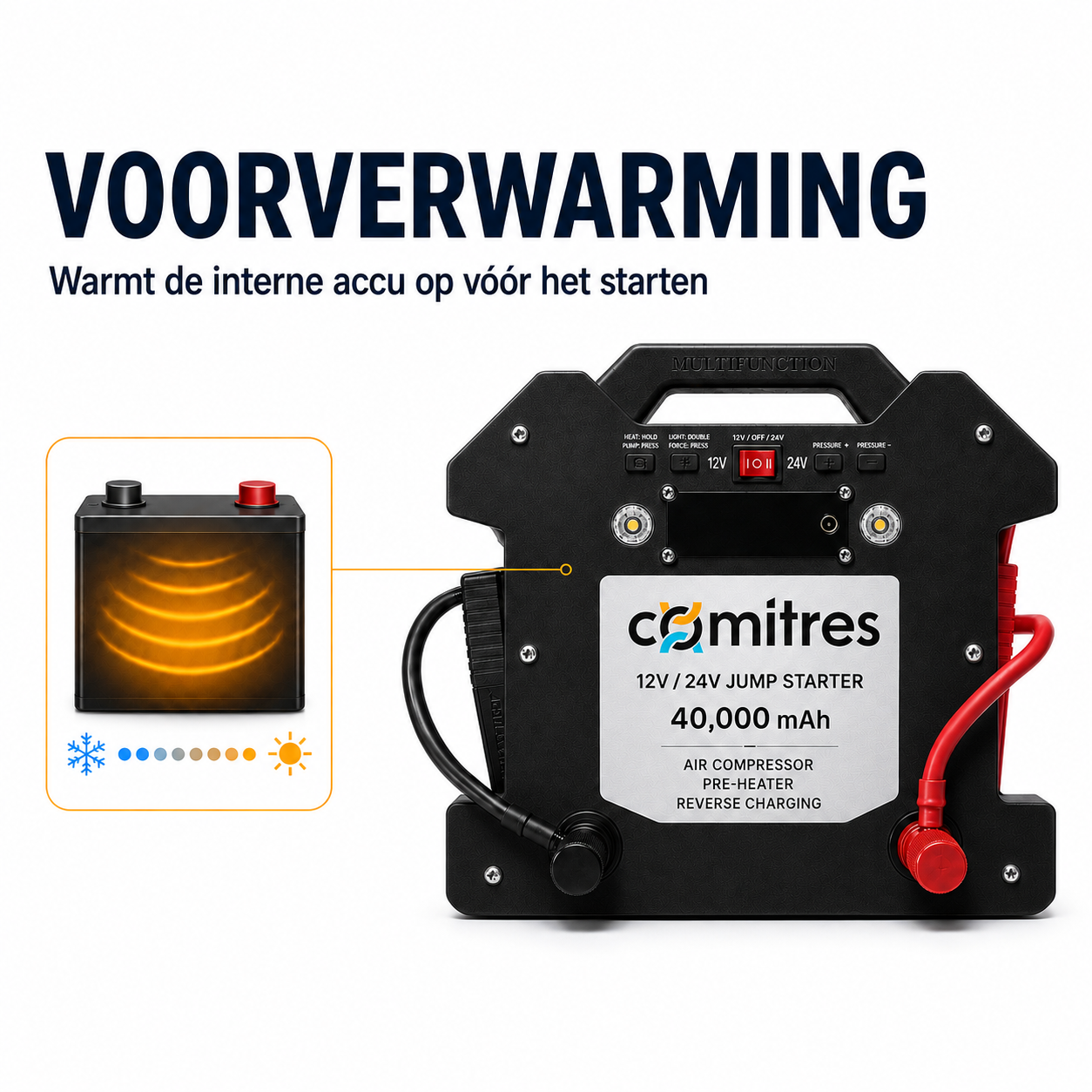 Voorverwarming van de interne accu van de Comitres-booster vóór het starten